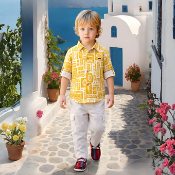 Trendy Yellow Printed Shirt And Pant Set For Boys