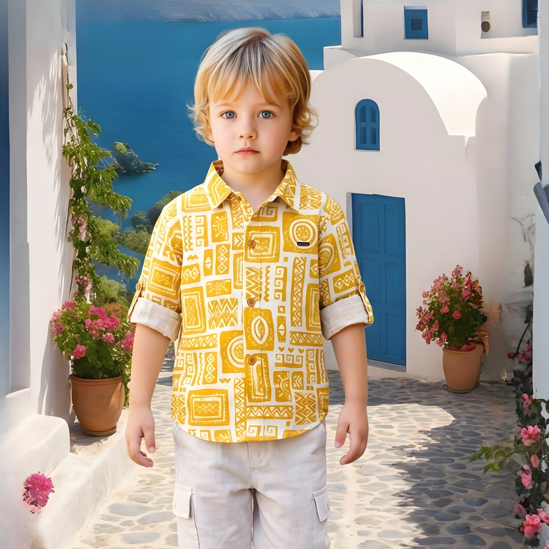 Trendy Yellow Printed Shirt And Pant Set For Boys