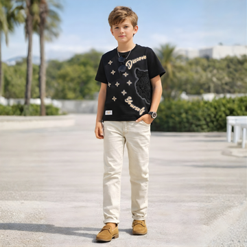 Boys Black Printed Round Neck Half Sleeve T-Shirt