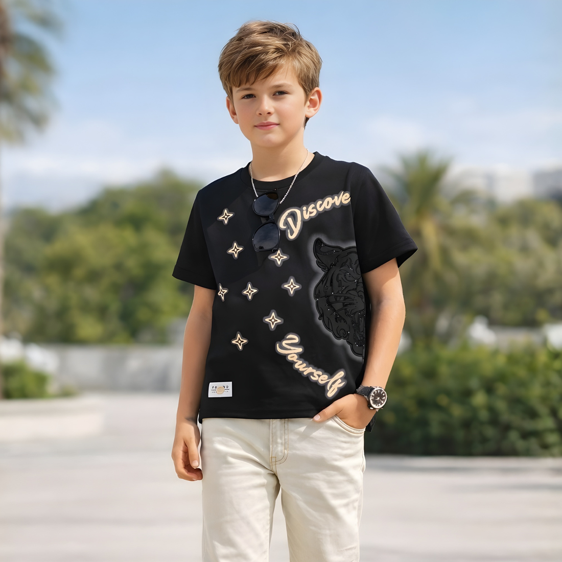 Boys Black Printed Round Neck Half Sleeve T-Shirt