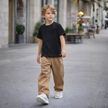Boys Black Round Neck Half Sleeve T-Shirt