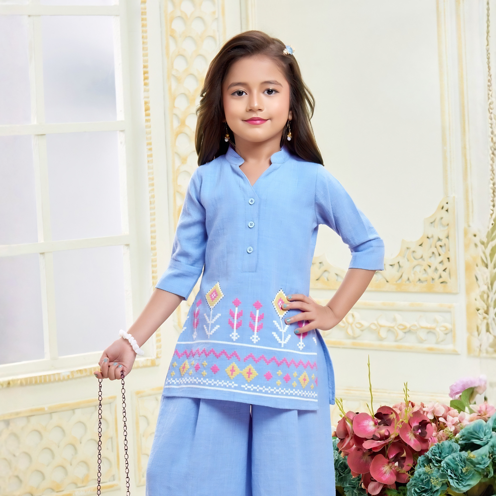 Girls Floral Embroidered Kurti & Palazzo Set