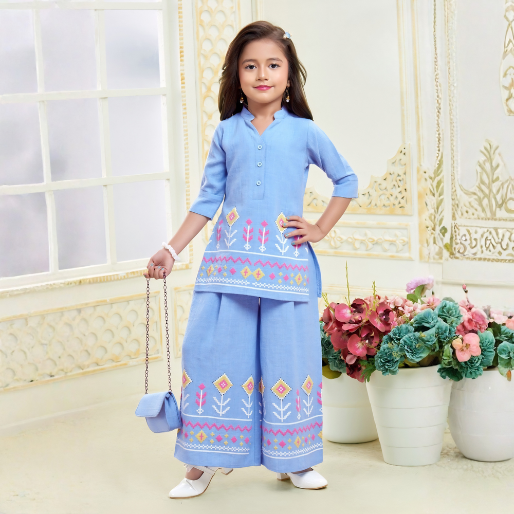 Girls Floral Embroidered Kurti & Palazzo Set