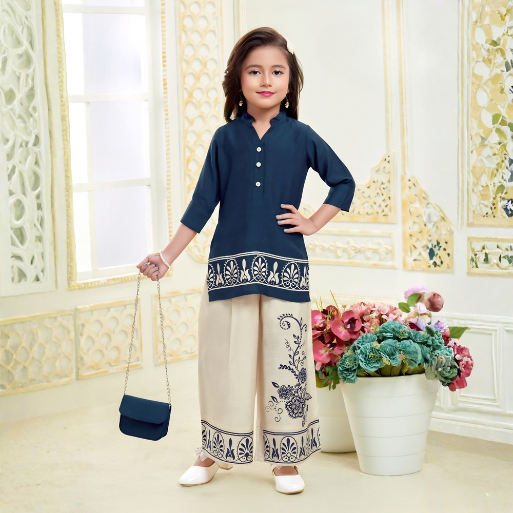 Girls Stylish printed co ord Set With Hand Bag