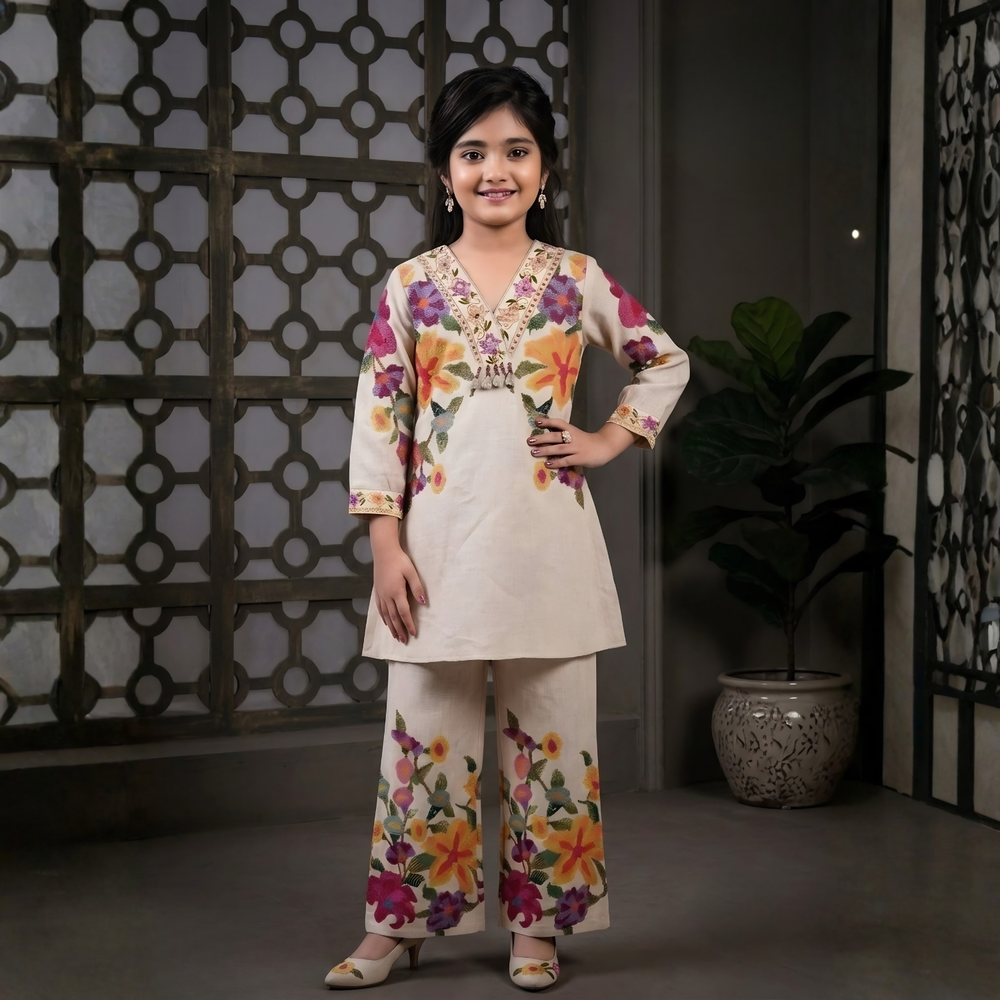Stylish Girls Cream Printed Kurta and Palazzo Set