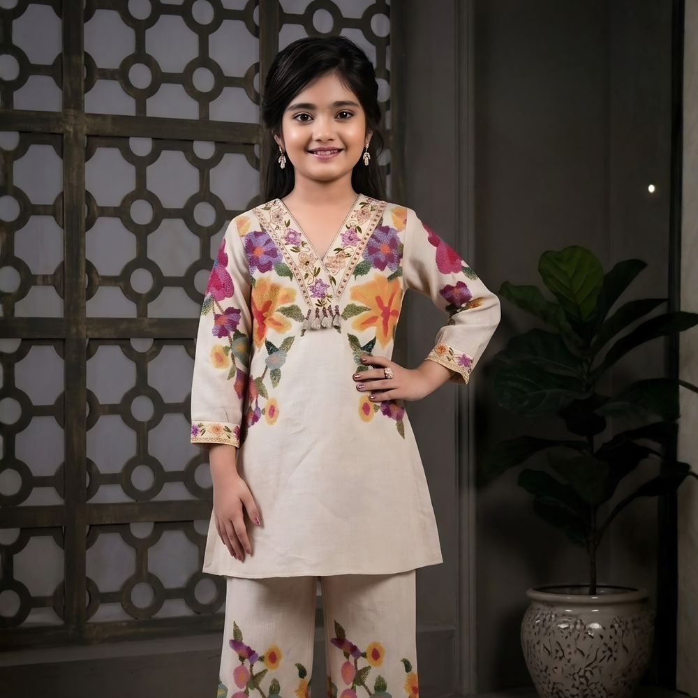 Stylish Girls Cream Printed Kurta and Palazzo Set