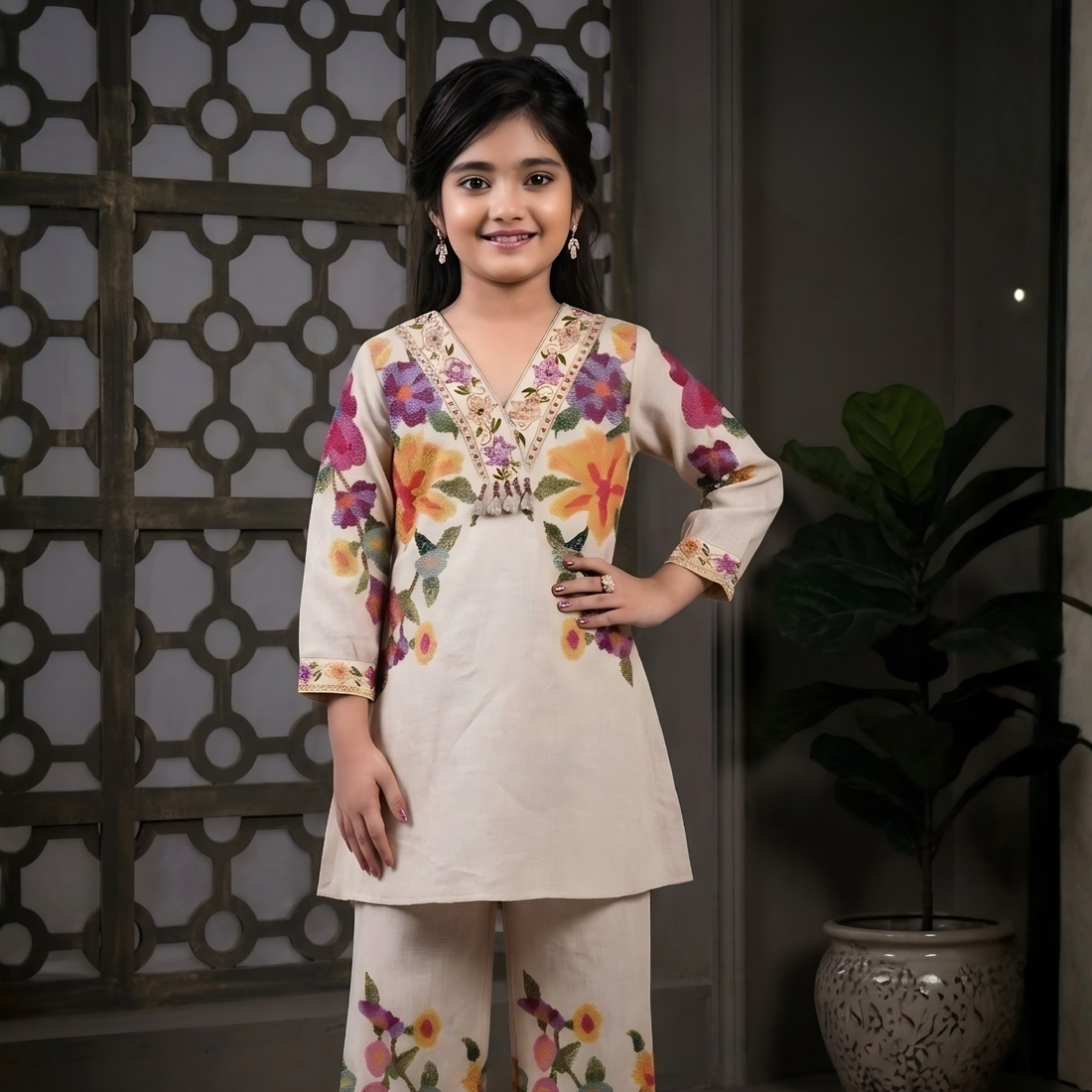 Stylish Girls Cream Printed Kurta and Palazzo Set
