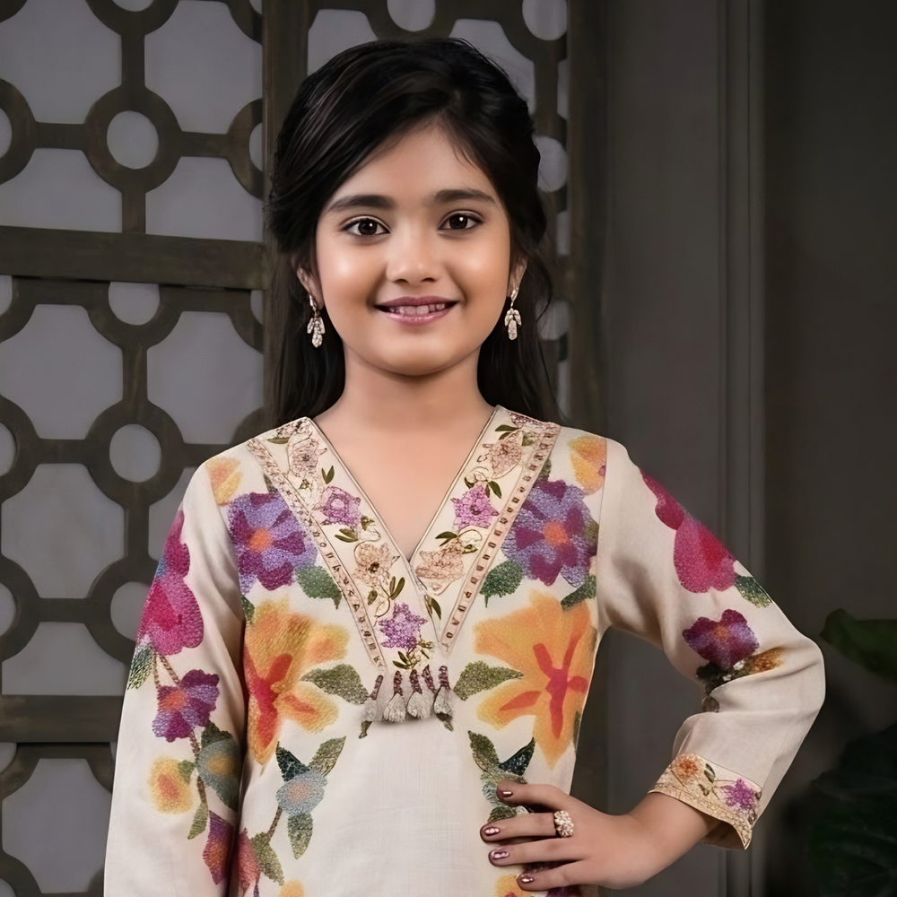 Stylish Girls Cream Printed Kurta and Palazzo Set