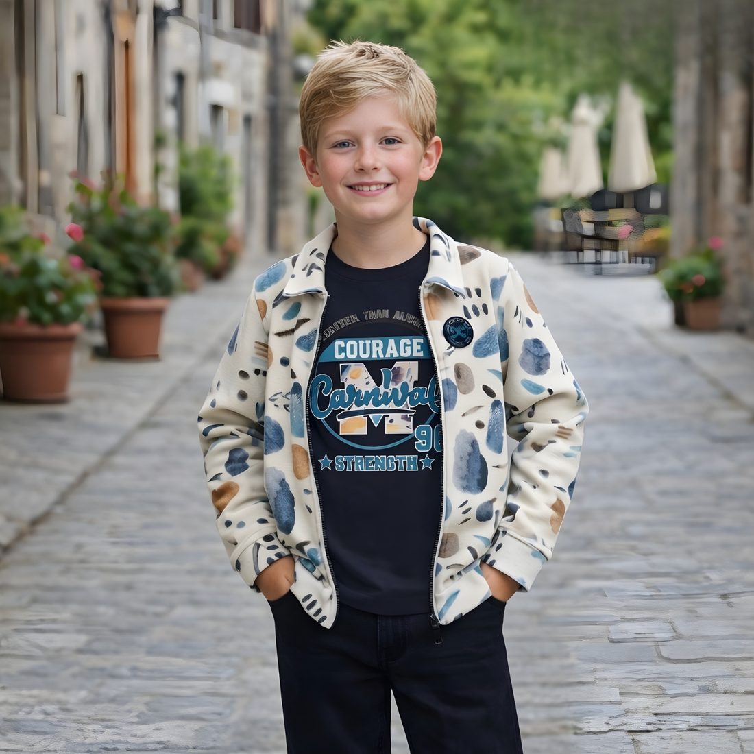 Blue Printed T-Shirt with attached Jacket