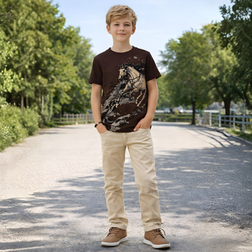 Brown Half Sleeves Round Neck Horse Printed T-Shirt