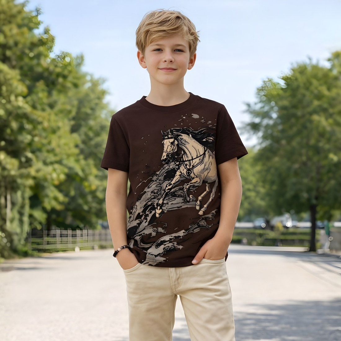 Brown Half Sleeves Round Neck Horse Printed T-Shirt