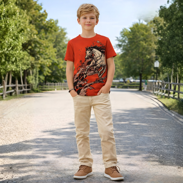 Peach Half Sleeves Round Neck Horse Printed T-Shirt