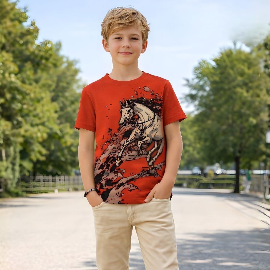 Peach Half Sleeves Round Neck Horse Printed T-Shirt