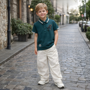 Boys Green Printed Polo Collar Half Sleeve T-Shirt