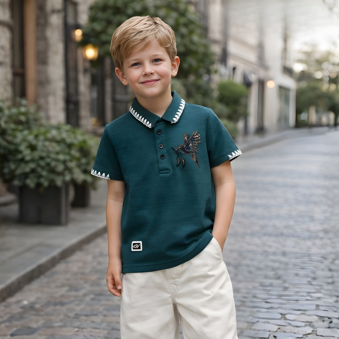 Boys Green Printed Polo Collar Half Sleeve T-Shirt