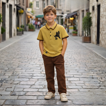Boys Mustard Printed Polo Collar Half Sleeve T-Shirt