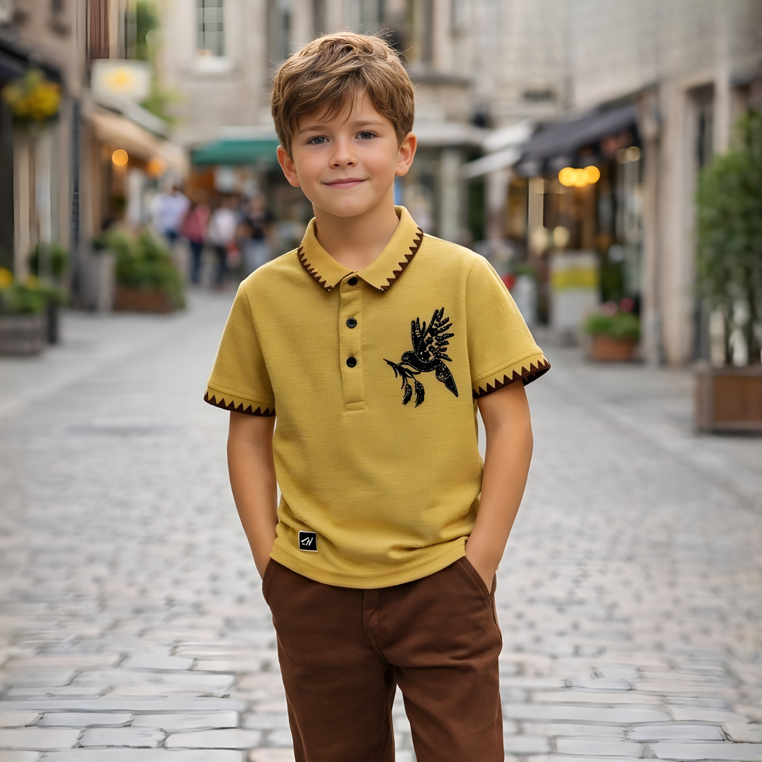 Boys Mustard Printed Polo Collar Half Sleeve T-Shirt