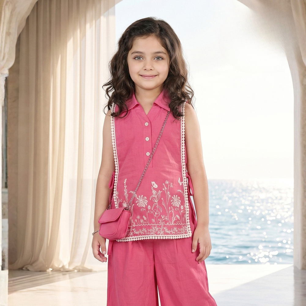 Pink Printed Palazzo Set With Embroidered Kurta And Matching Bag