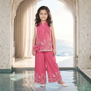 Pink Printed Palazzo Set With Embroidered Kurta And Matching Bag