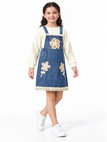 Girls Blue Floral Denim Pinafore Dress with Cream Top