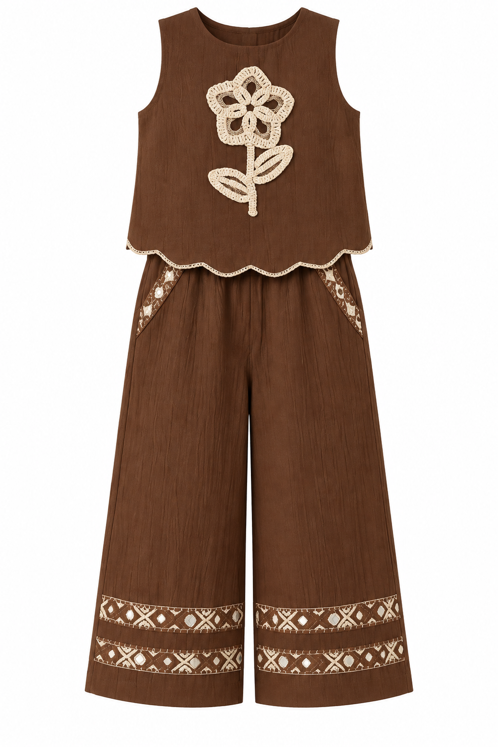 Girls Brown Floral Applique Top and Palazzo Pants Set (Shoes Not Included)
