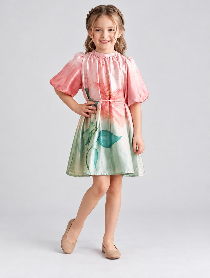 Girls Pink Floral Print Satin Frock