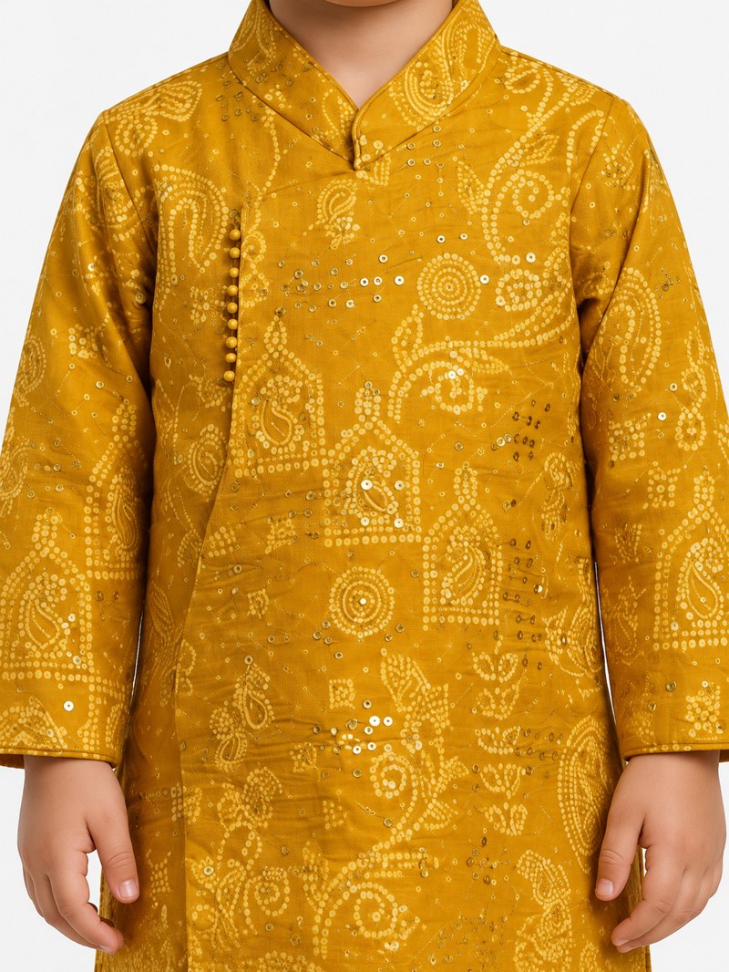 Boys Mustard Printed Kurta and White Dhoti Set
