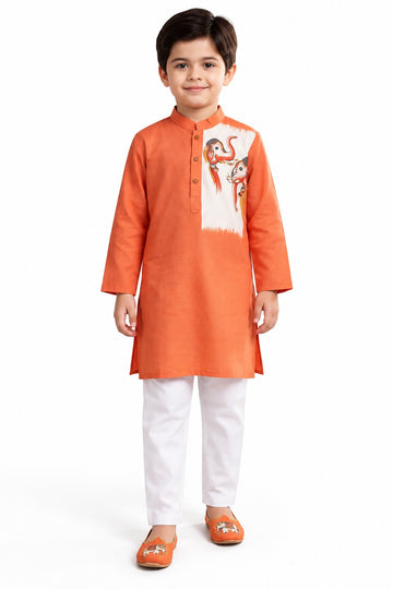 Boys Orange Kurta and White Pajama Set (Shoes Not Included)