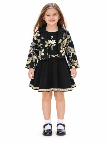 Girls Black Gold-Embroidered Dress and Jacket Set