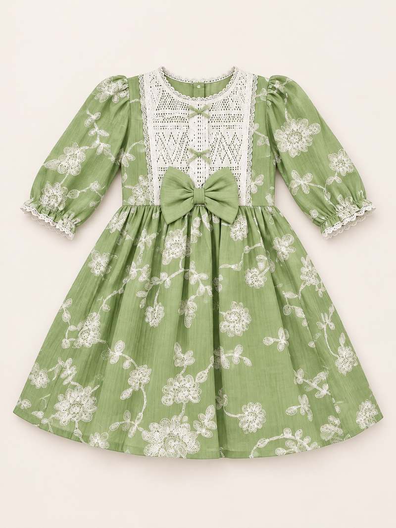 Girls Green Floral Frock with Crochet Yoke