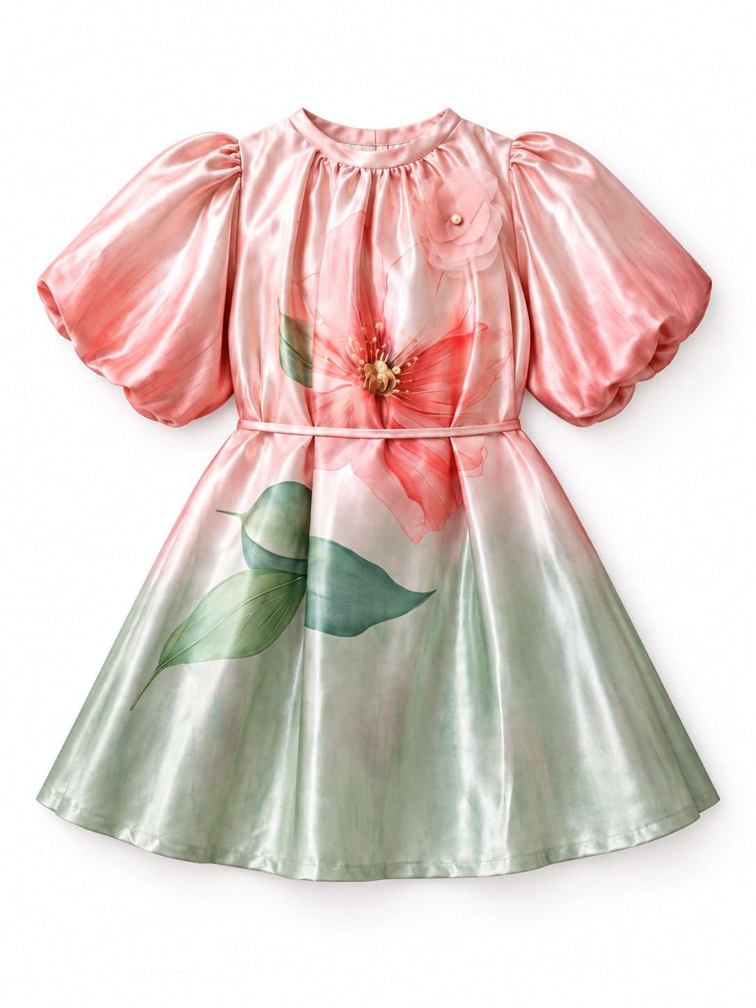 Girls Peach Floral Satin Frock with Puff Sleeves