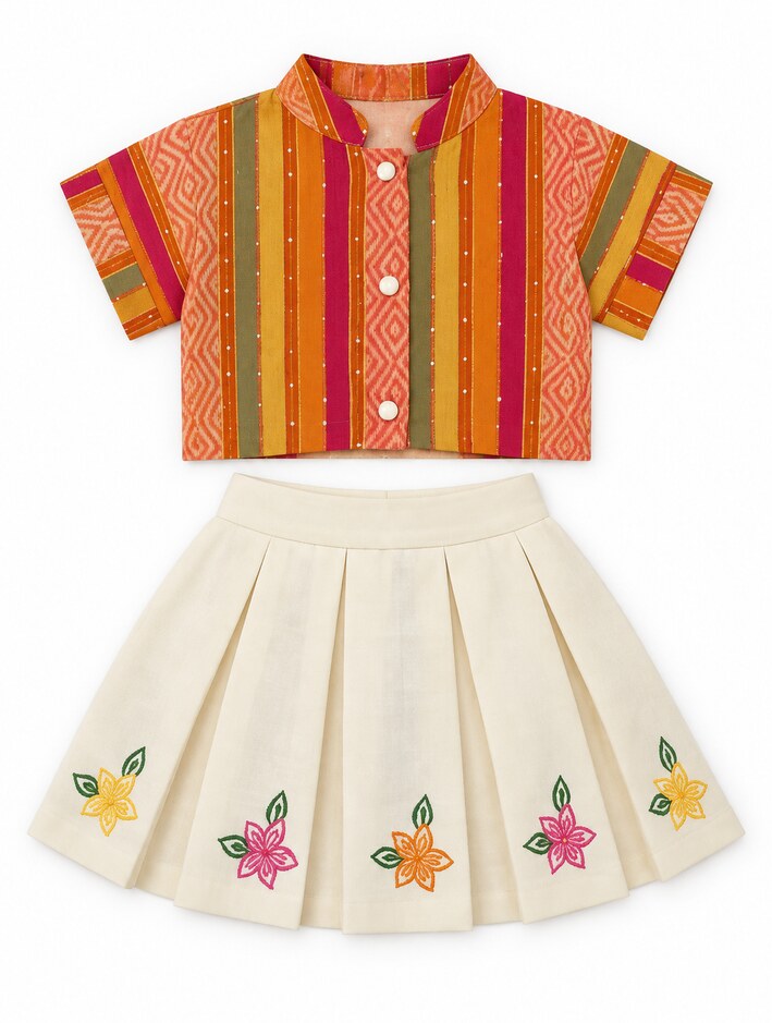 Girls Striped Crop Top and Embroidered Pleated Skirt Set
