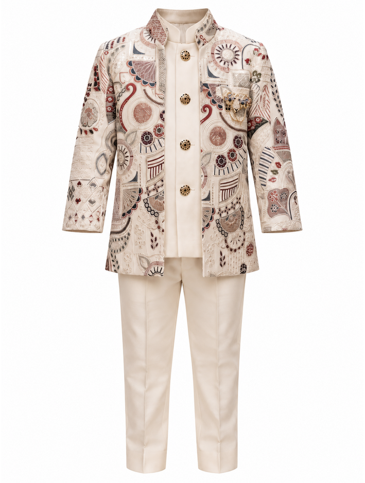 Boys Cream Patterned Jacket, Kurta and Trouser Set