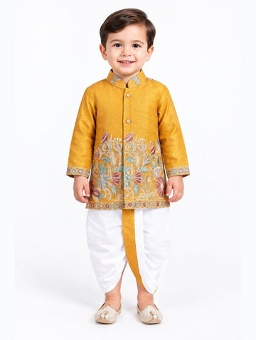 Boys Gold Patterned Kurta and Dhoti Set