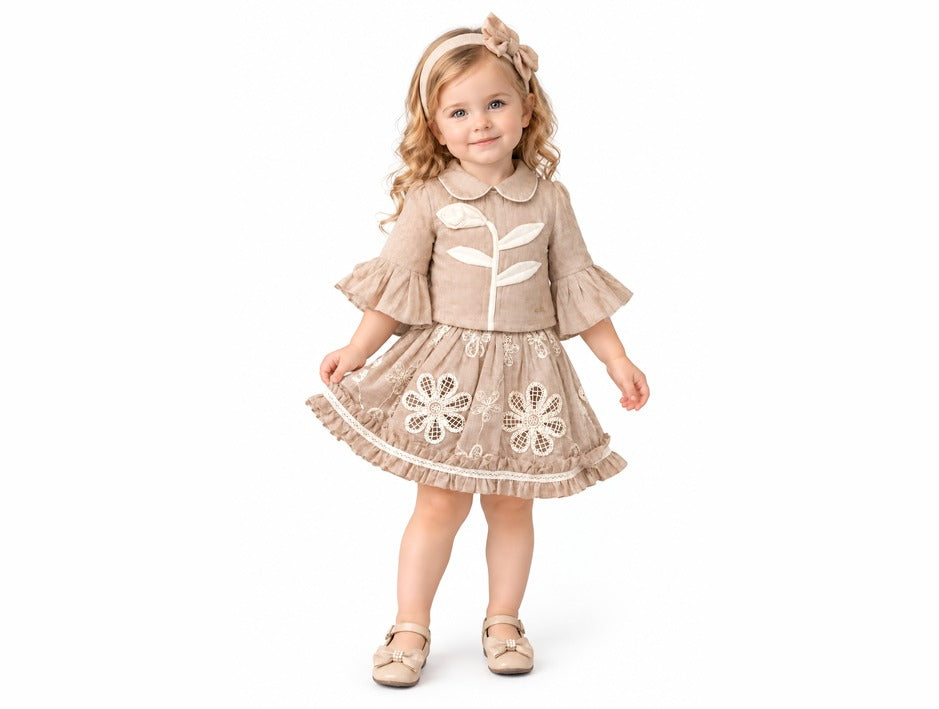 Girls Brown Floral Applique Top and Embroidered Skirt Set (Shoes Not Included)