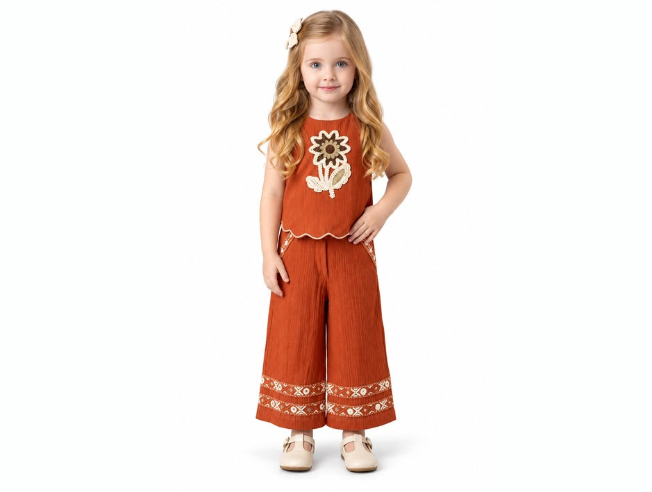 Girls Rust Floral Applique Top and Palazzo Pants Set (Shoes Not Included)