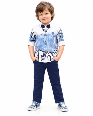 Boys Blue Graffiti Shirt, Bow Tie and Navy Pants Set (Shoes Not Included)