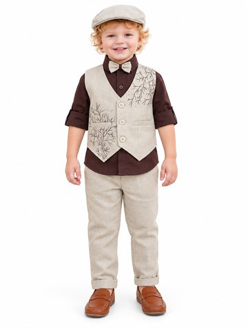 Boys Brown Shirt and Printed Waistcoat Full Suit