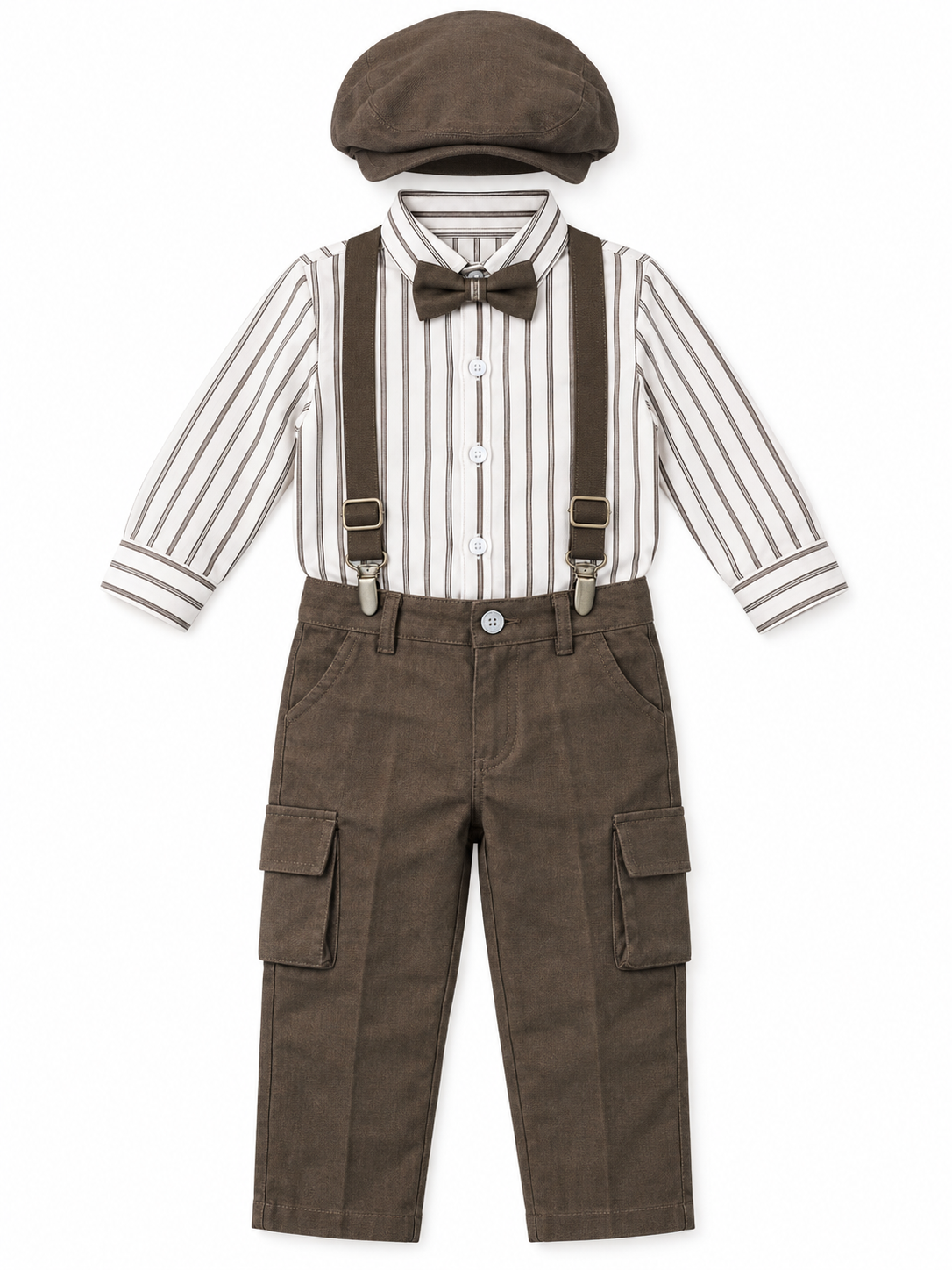 Boys Striped Shirt and Brown Pants Set with Bow Tie and Suspenders