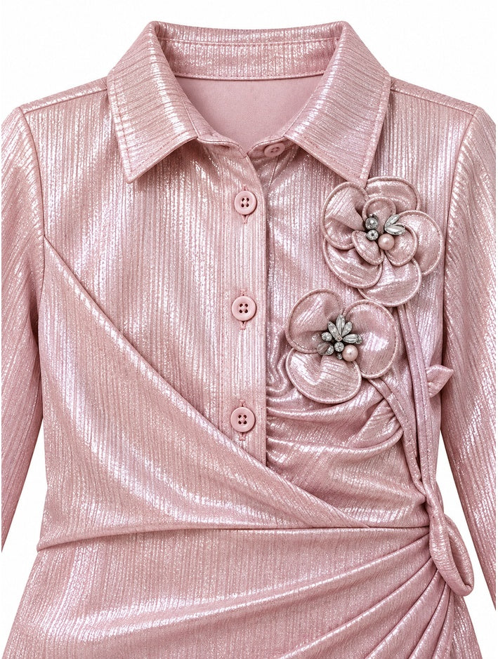 Girls Pink Floral Applique Wrap-Front Dress