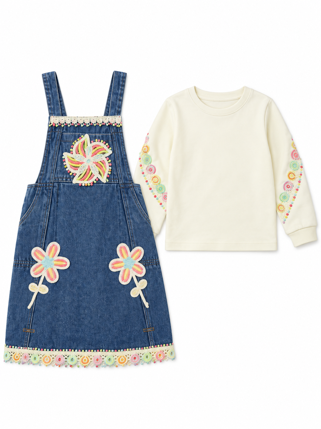 Girls Blue Floral Denim Pinafore Dress with Cream Top