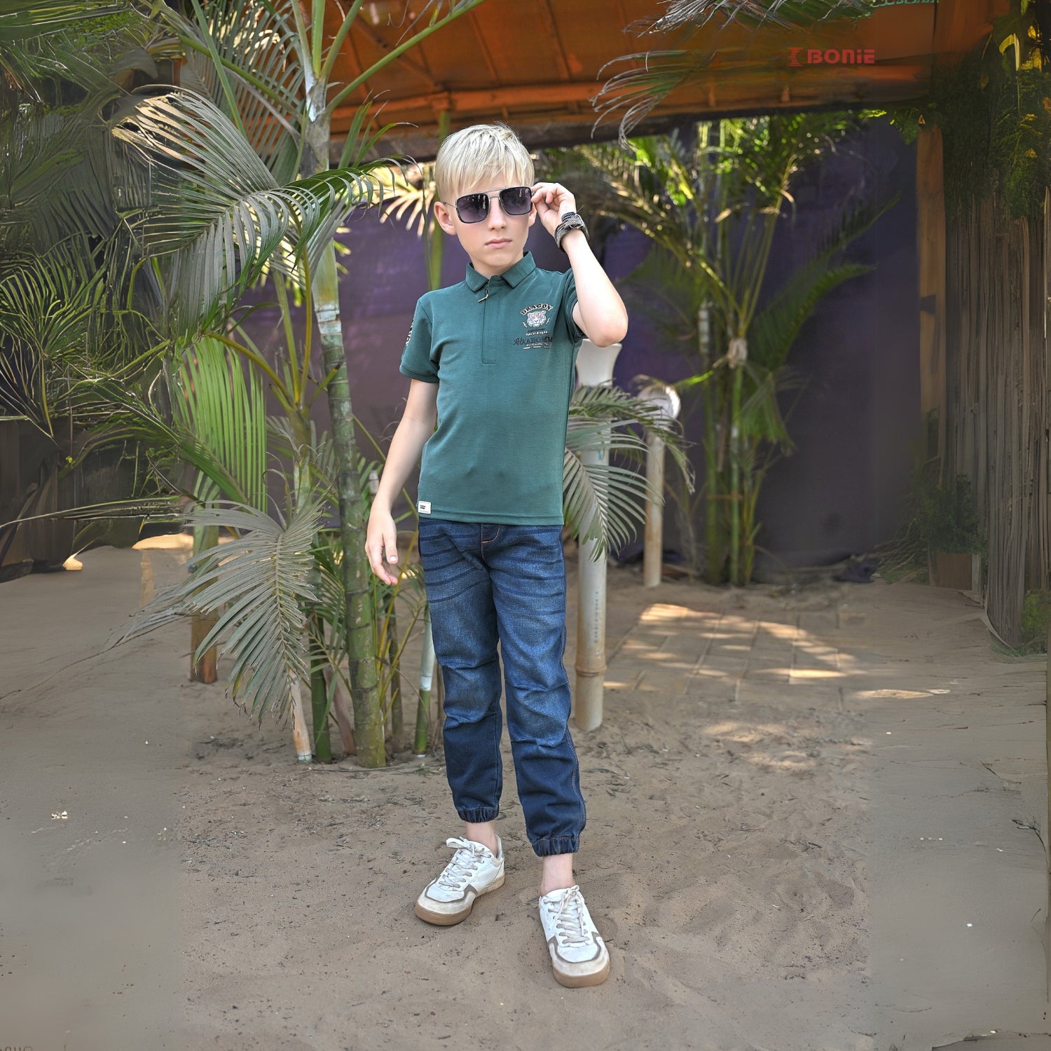 Boys Green Printed Polo Collar Half Sleeve T-Shirt