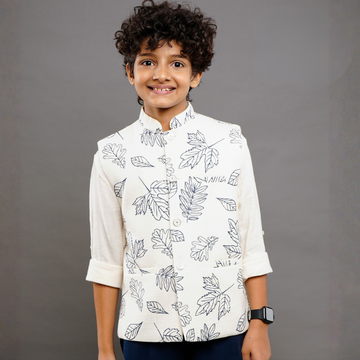 CreamLeaf Print Waistcoat with Mandarin Collar Shirt For Boys