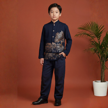 Boys Golden Emboss Print Waist Coat Set & Short Kurta