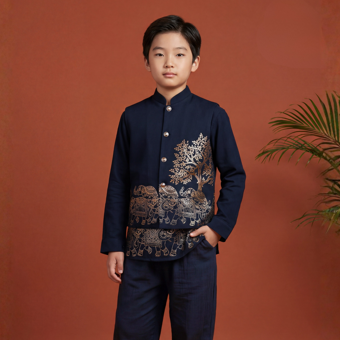 Boys Golden Emboss Print Waist Coat Set & Short Kurta