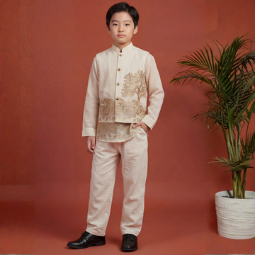 Boys Golden Emboss Print Waist Coat Set & Short Kurta