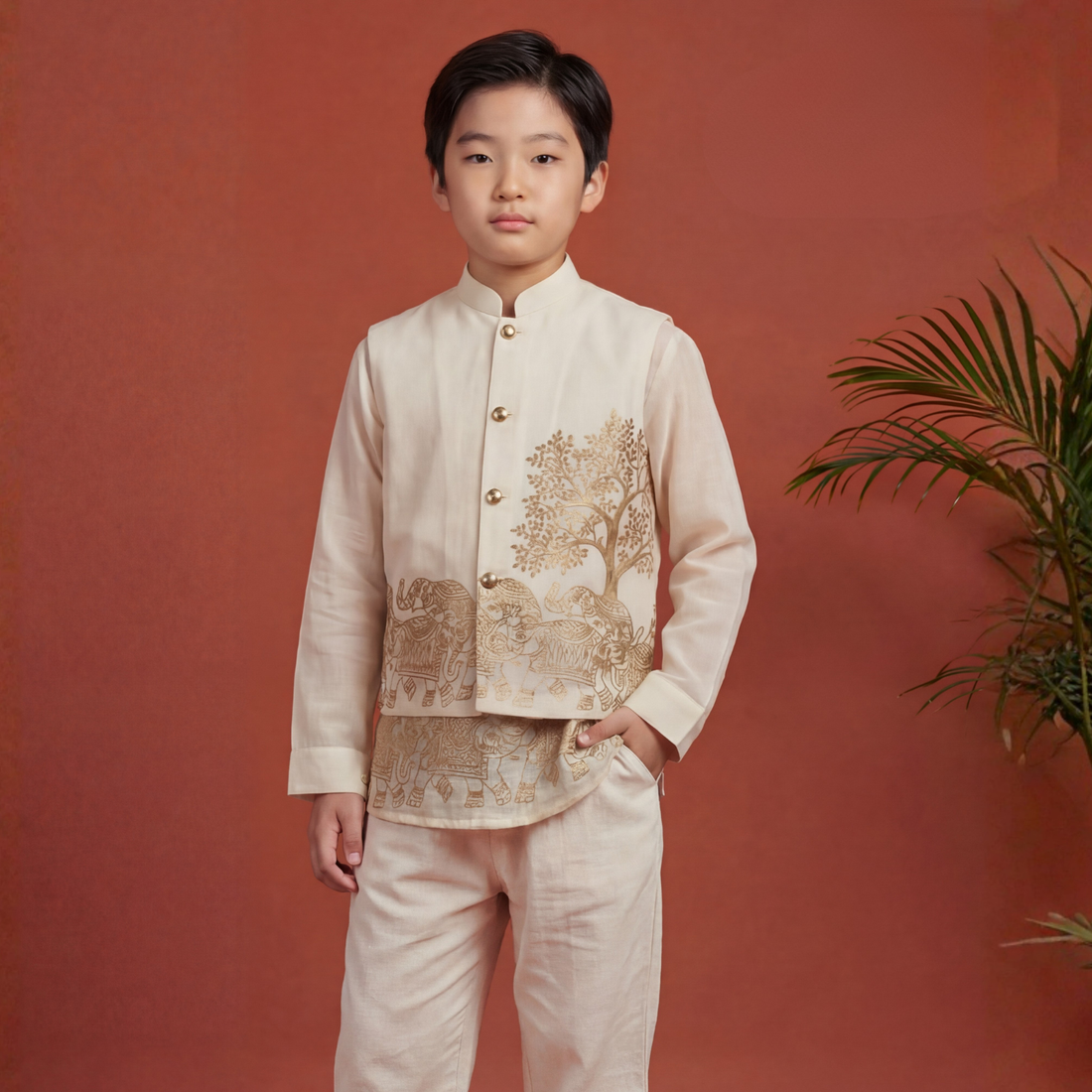 Boys Golden Emboss Print Waist Coat Set & Short Kurta