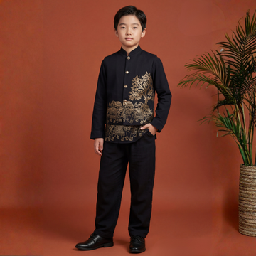 Boys Golden Emboss Print Waist Coat Set & Short Kurta