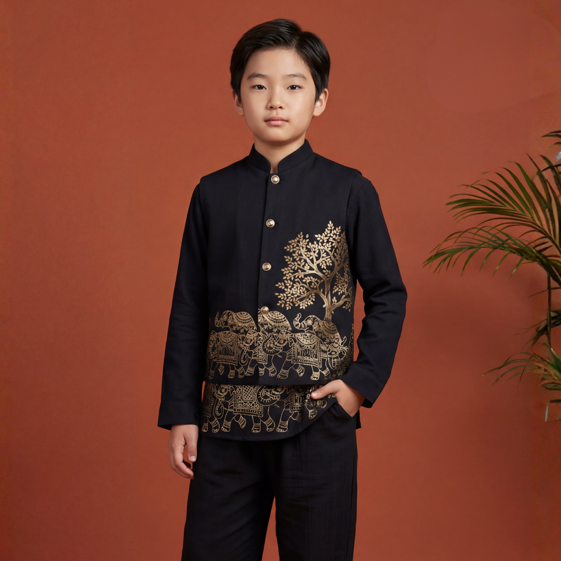 Boys Golden Emboss Print Waist Coat Set & Short Kurta