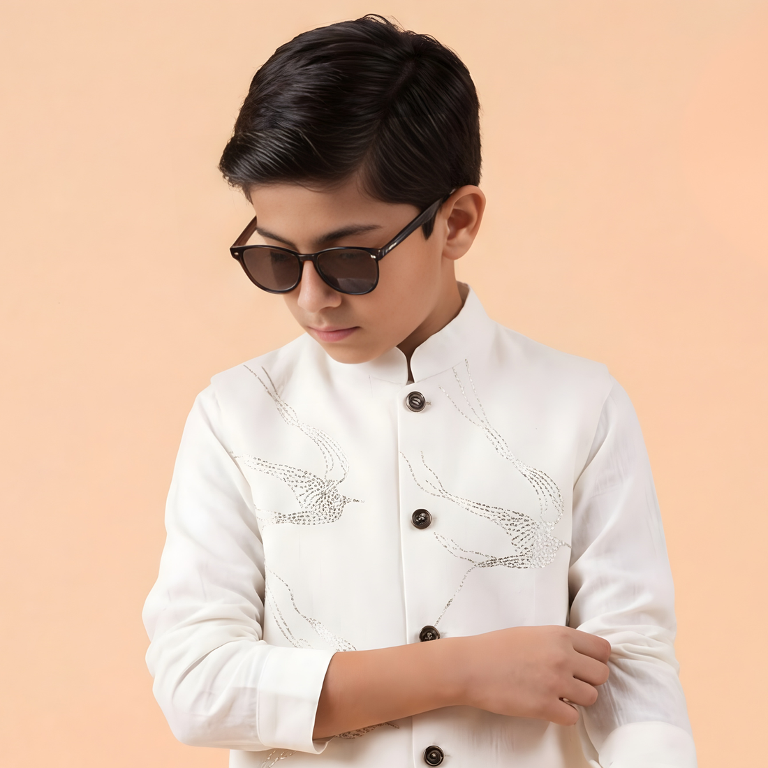 Cream Waistcoat with Mandarin Collar Shirt